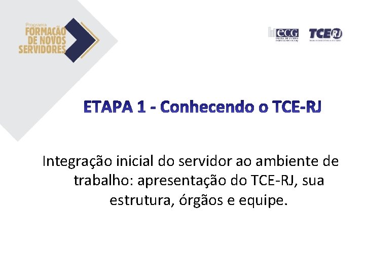 Integração inicial do servidor ao ambiente de trabalho: apresentação do TCE-RJ, sua estrutura, órgãos Integração inicial do servidor ao ambiente de trabalho: apresentação do TCE-RJ, sua estrutura, órgãos