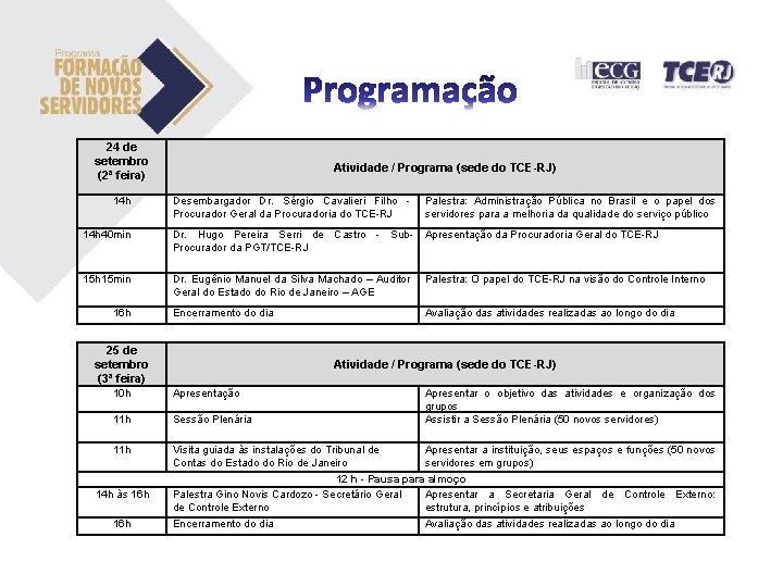 24 de setembro (2ª feira) Atividade / Programa (sede do TCE-RJ) 14 h Desembargador 24 de setembro (2ª feira) Atividade / Programa (sede do TCE-RJ) 14 h Desembargador