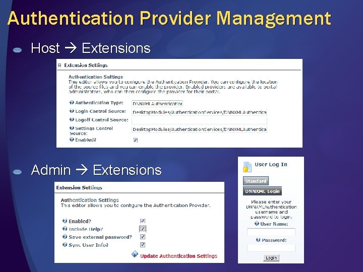 Authentication Provider Management Host Extensions Admin Extensions 