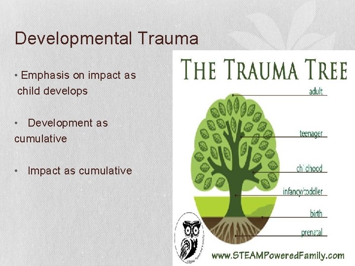 Developmental Trauma • Emphasis on impact as child develops • Development as cumulative •