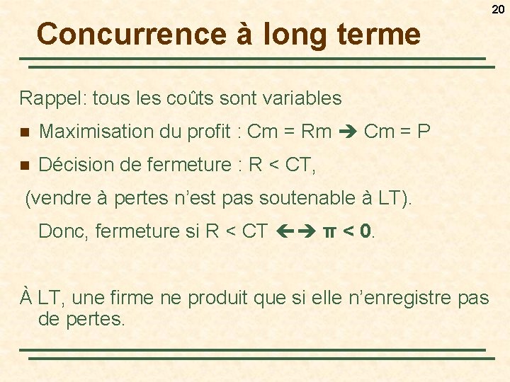 20 Concurrence à long terme Rappel: tous les coûts sont variables n Maximisation du