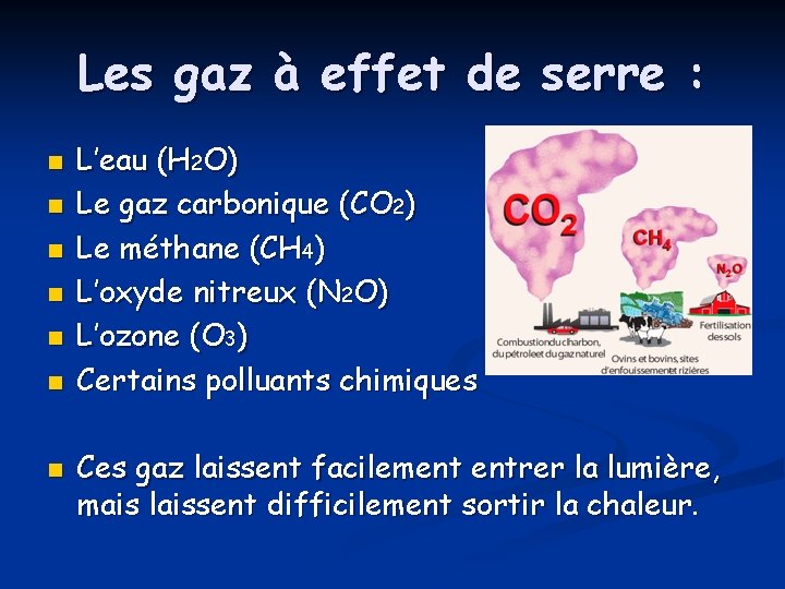 Les gaz à effet de serre : n n n n L’eau (H 2