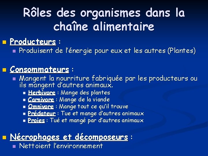 Rôles des organismes dans la chaîne alimentaire n Producteurs : n n Produisent de