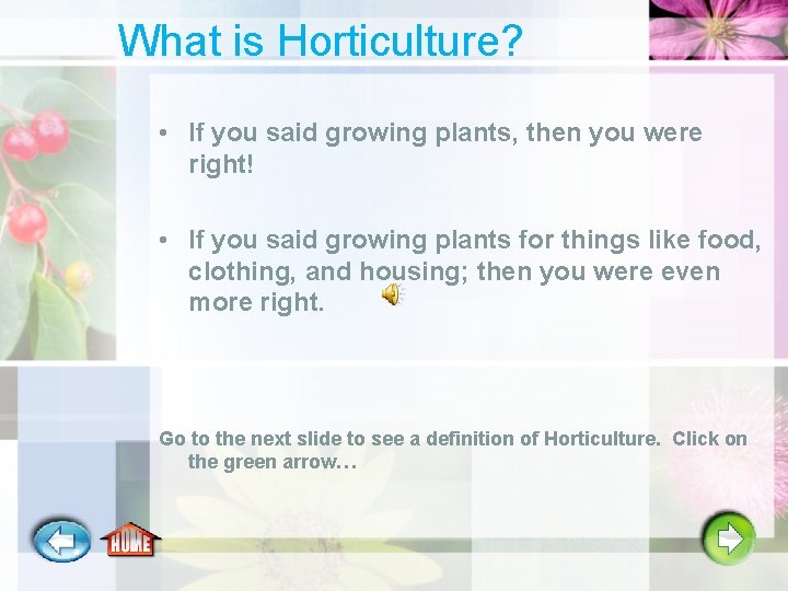 What is Horticulture? • If you said growing plants, then you were right! •