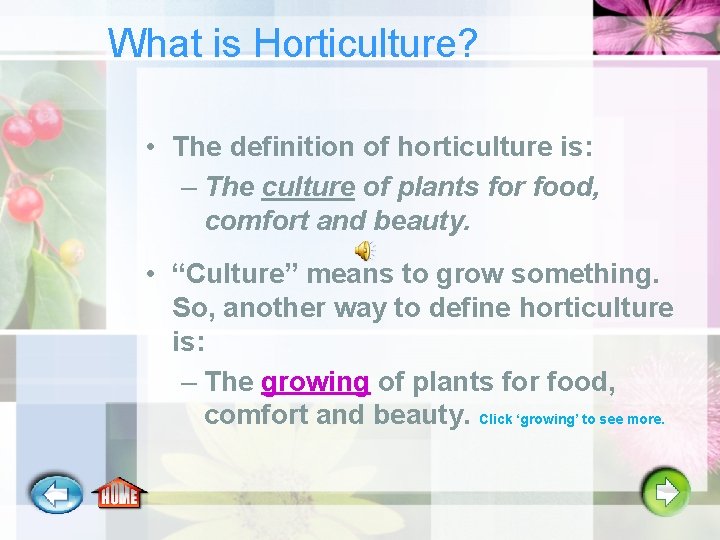 What is Horticulture? • The definition of horticulture is: – The culture of plants