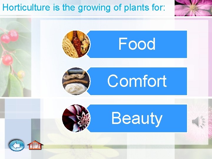 Horticulture is the growing of plants for: Food Comfort Beauty 