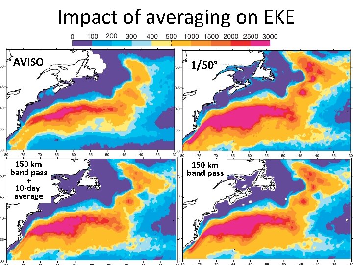Impact of averaging on EKE AVISO 1/50° 150 km band pass + 10 -day Impact of averaging on EKE AVISO 1/50° 150 km band pass + 10 -day