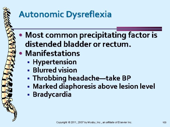 Autonomic Dysreflexia • Most common precipitating factor is distended bladder or rectum. • Manifestations