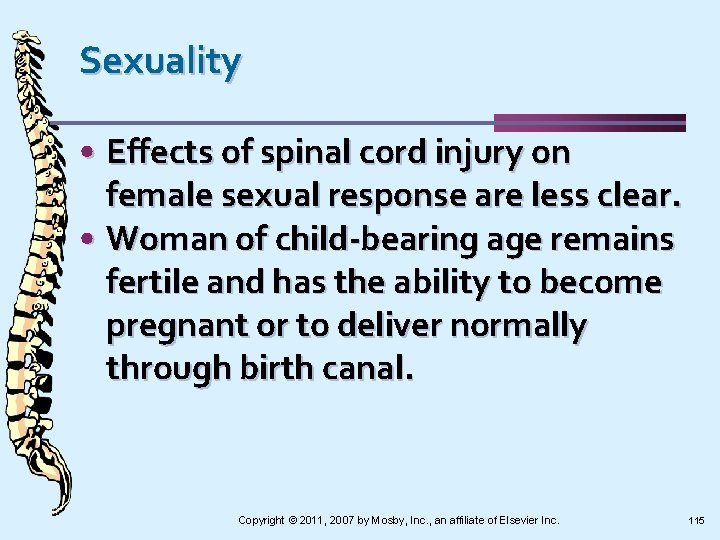 Sexuality • Effects of spinal cord injury on female sexual response are less clear.