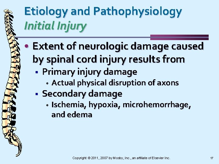 Etiology and Pathophysiology Initial Injury • Extent of neurologic damage caused by spinal cord
