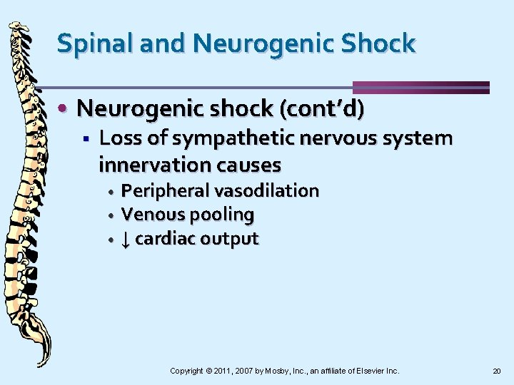 Spinal and Neurogenic Shock • Neurogenic shock (cont’d) § Loss of sympathetic nervous system