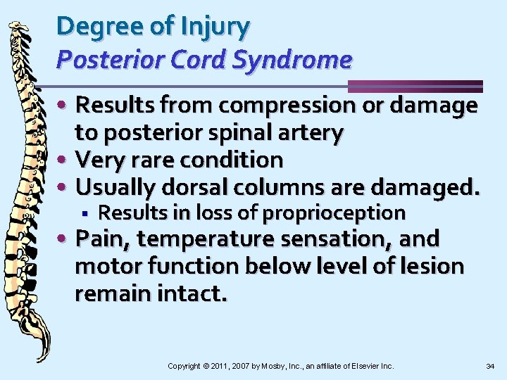 Degree of Injury Posterior Cord Syndrome • Results from compression or damage to posterior