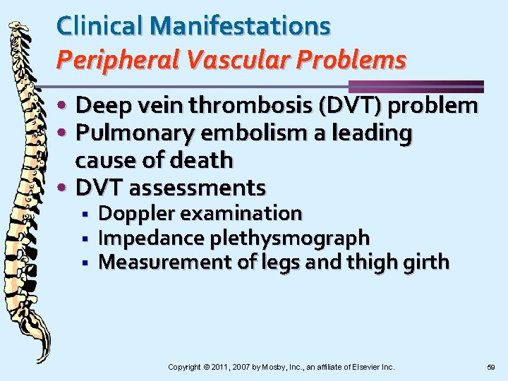Clinical Manifestations Peripheral Vascular Problems • Deep vein thrombosis (DVT) problem • Pulmonary embolism