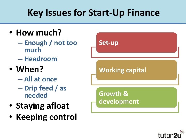 Key Issues for Start-Up Finance • How much? – Enough / not too much