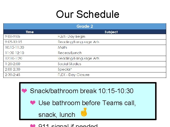 Our Schedule Snack/bathroom break 10: 15 -10: 30 Use bathroom before Teams call, snack,