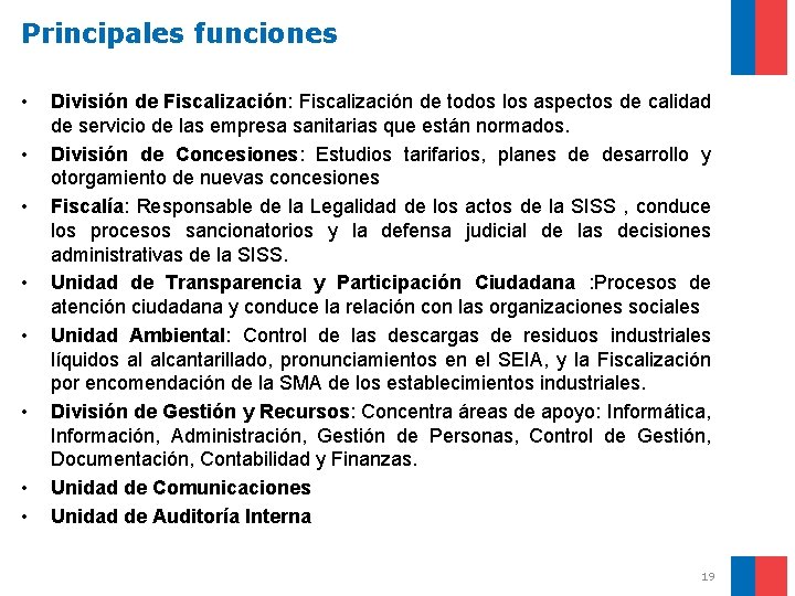Principales funciones • • División de Fiscalización: Fiscalización de todos los aspectos de calidad