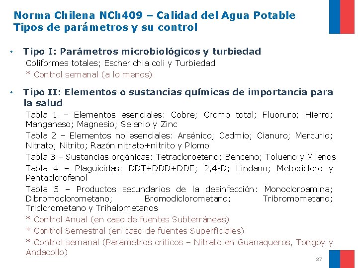 Norma Chilena NCh 409 – Calidad del Agua Potable Tipos de parámetros y su