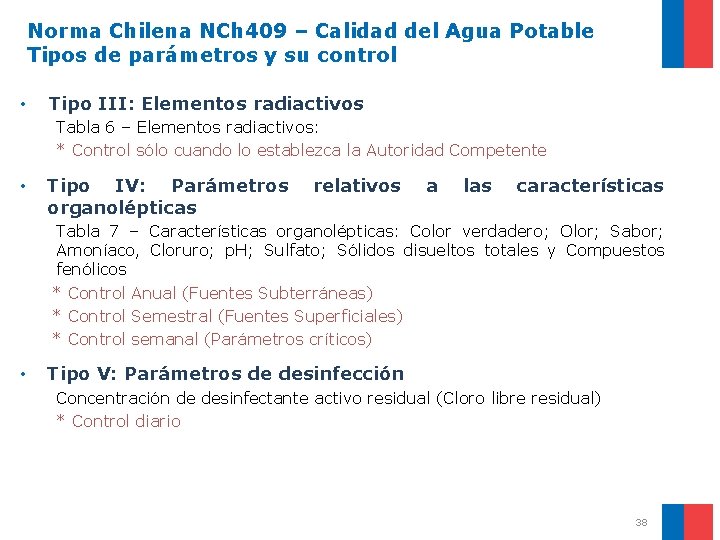 Norma Chilena NCh 409 – Calidad del Agua Potable Tipos de parámetros y su