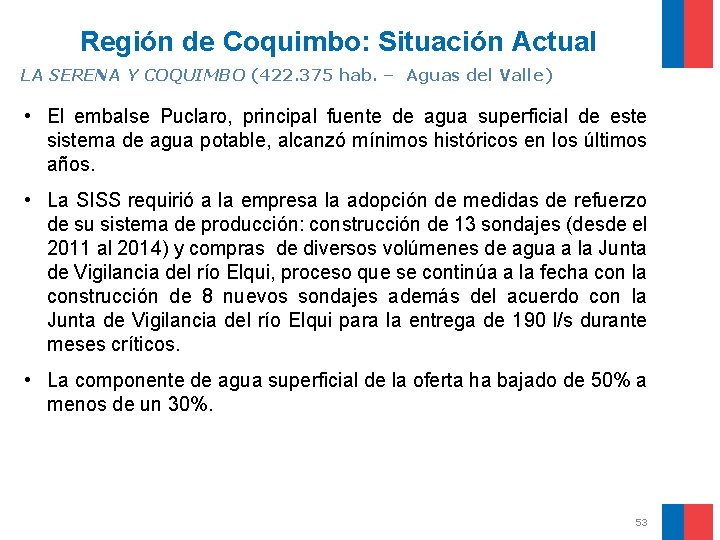Región de Coquimbo: Situación Actual LA SERENA Y COQUIMBO (422. 375 hab. – Aguas