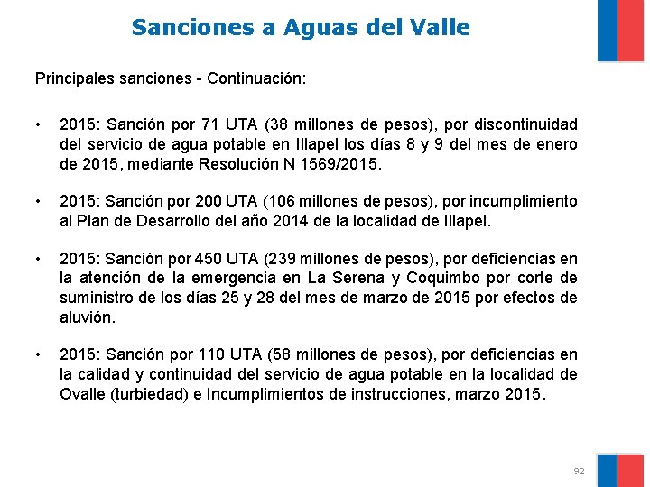 Sanciones a Aguas del Valle Principales sanciones - Continuación: • 2015: Sanción por 71