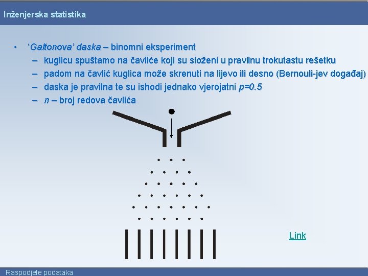 Inženjerska statistika • ‘Galtonova’ daska – binomni eksperiment – kuglicu spuštamo na čavliće koji