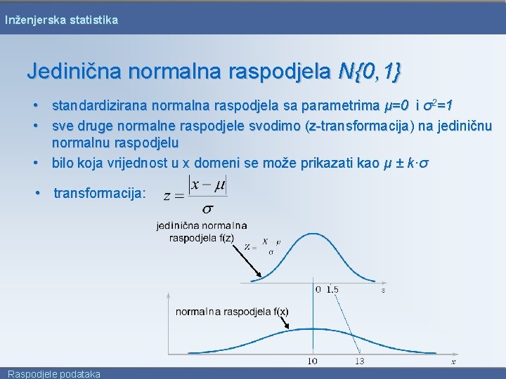 Inženjerska statistika Jedinična normalna raspodjela N{0, 1} • standardizirana normalna raspodjela sa parametrima μ=0