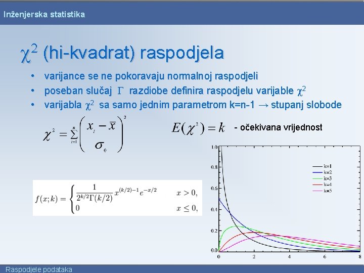 Inženjerska statistika c 2 (hi-kvadrat) raspodjela • varijance se ne pokoravaju normalnoj raspodjeli •