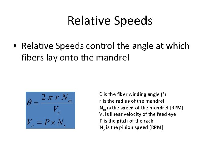 Relative Speeds • Relative Speeds control the angle at which fibers lay onto the