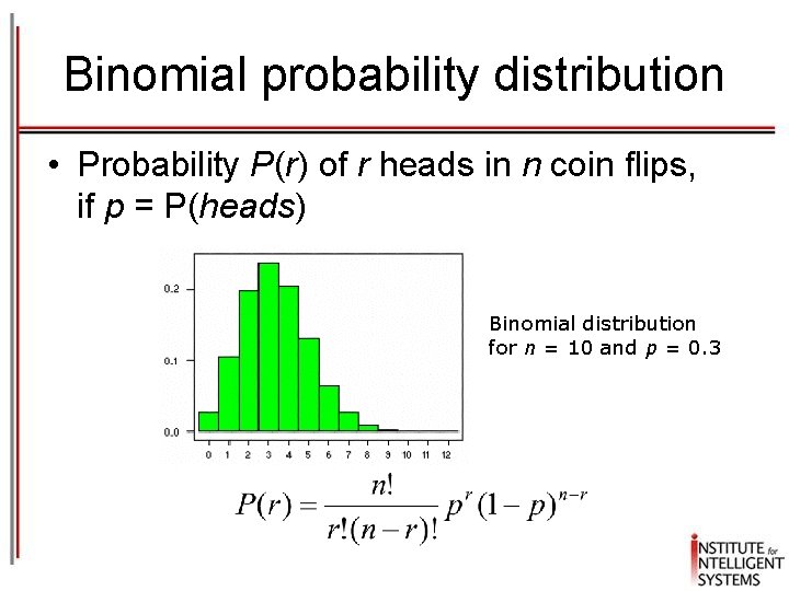 Binomial probability distribution • Probability P(r) of r heads in n coin flips, if