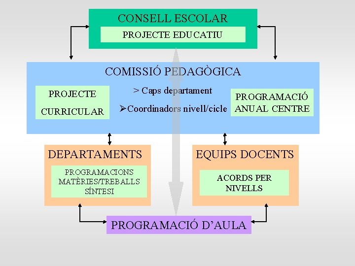 CONSELL ESCOLAR PROJECTE EDUCATIU COMISSIÓ PEDAGÒGICA PROJECTE CURRICULAR > Caps departament PROGRAMACIÓ Coordinadors nivell/cicle CONSELL ESCOLAR PROJECTE EDUCATIU COMISSIÓ PEDAGÒGICA PROJECTE CURRICULAR > Caps departament PROGRAMACIÓ Coordinadors nivell/cicle