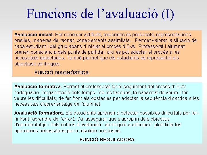 Funcions de l’avaluació (I) Avaluació inicial. Per conèixer actituds, experiències personals, representacions prèvies, maneres