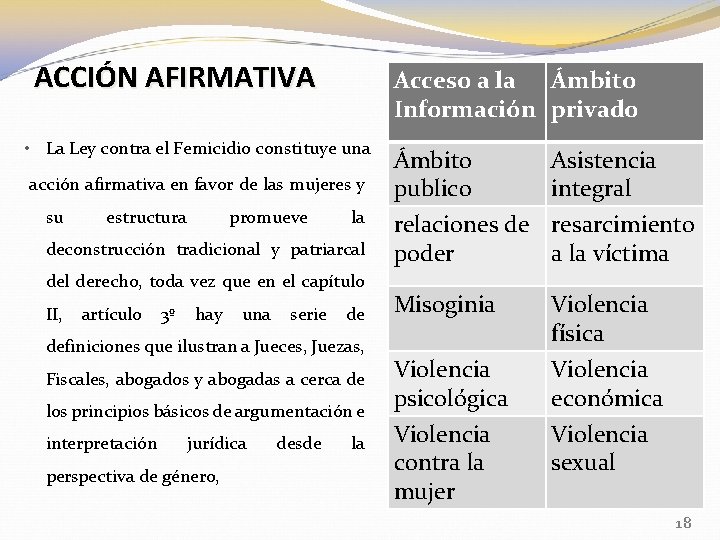 ACCIÓN AFIRMATIVA Acceso a la Ámbito Información privado • La Ley contra el Femicidio