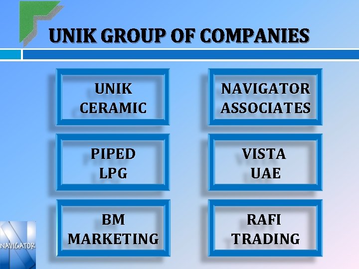 UNIK GROUP OF COMPANIES UNIK CERAMIC NAVIGATOR ASSOCIATES PIPED LPG VISTA UAE BM MARKETING