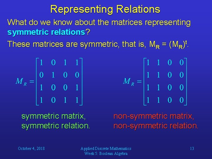 Representing Relations What do we know about the matrices representing symmetric relations? These matrices