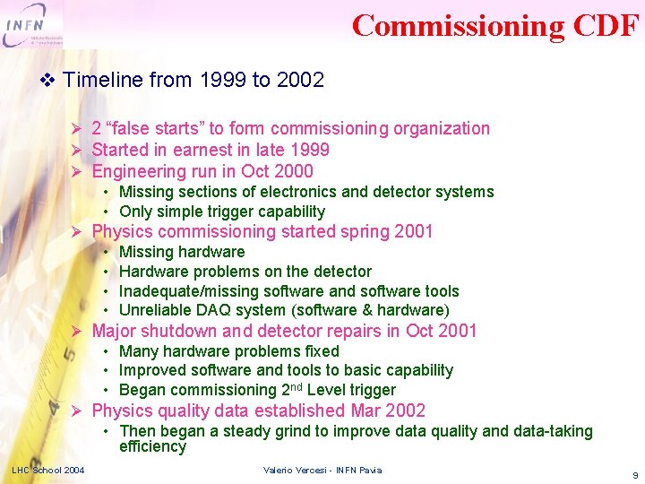 Commissioning CDF v Timeline from 1999 to 2002 2 “false starts” to form commissioning
