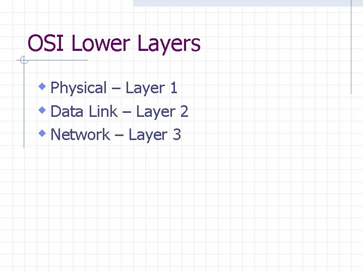 OSI Lower Layers w Physical – Layer 1 w Data Link – Layer 2