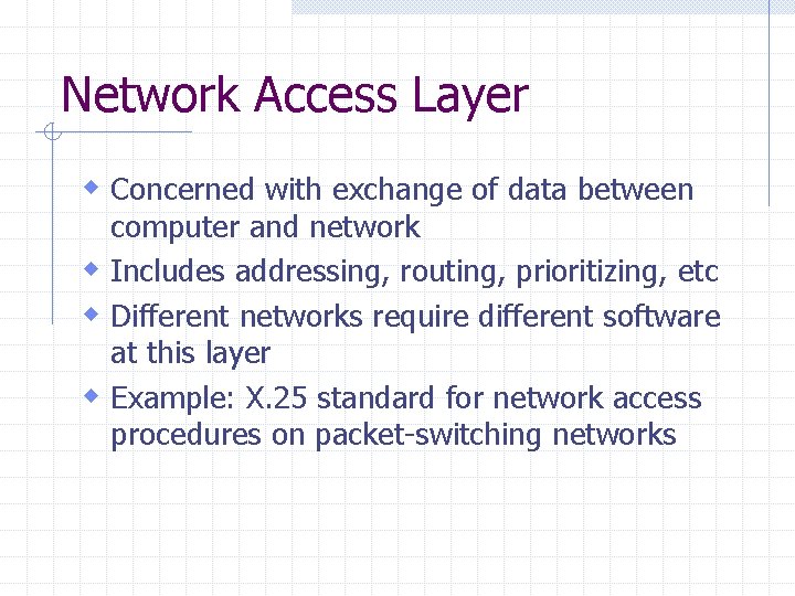 Network Access Layer w Concerned with exchange of data between computer and network w