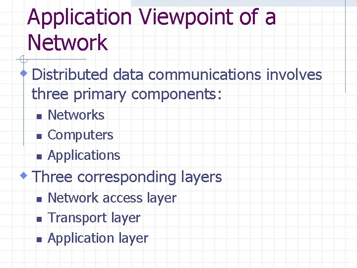 Application Viewpoint of a Network w Distributed data communications involves three primary components: n