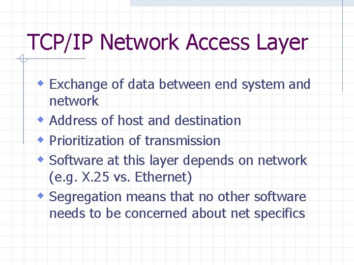 TCP/IP Network Access Layer w Exchange of data between end system and w w
