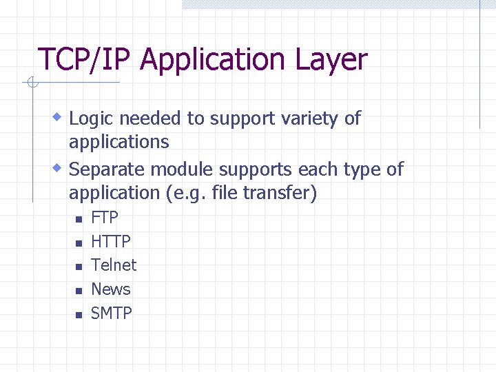 TCP/IP Application Layer w Logic needed to support variety of applications w Separate module