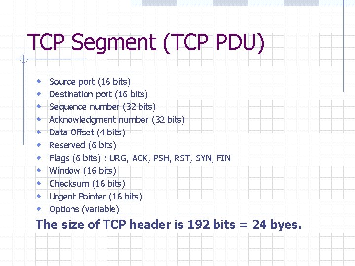 TCP Segment (TCP PDU) w w w Source port (16 bits) Destination port (16