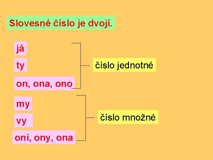 Slovesné číslo je dvojí. já ty číslo jednotné on, ona, ono my vy oni,