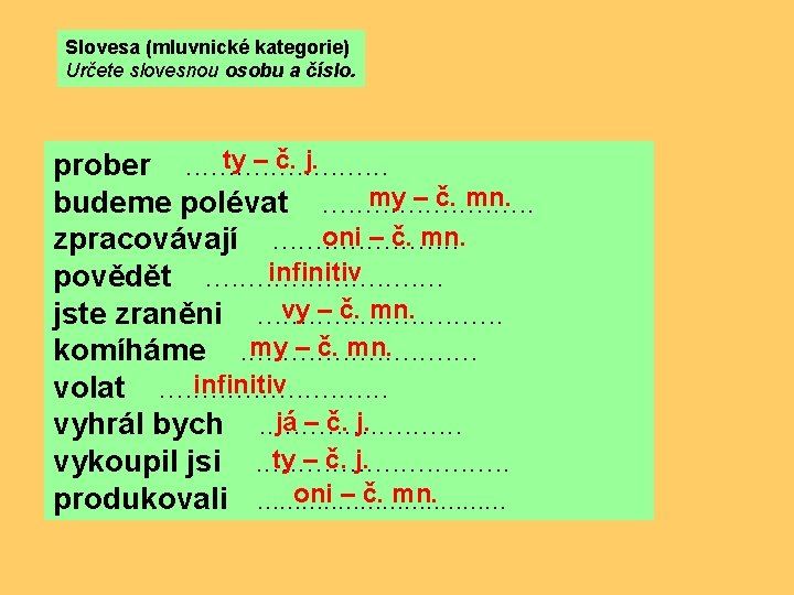 Slovesa (mluvnické kategorie) Určete slovesnou osobu a číslo. ty – č. j. prober .