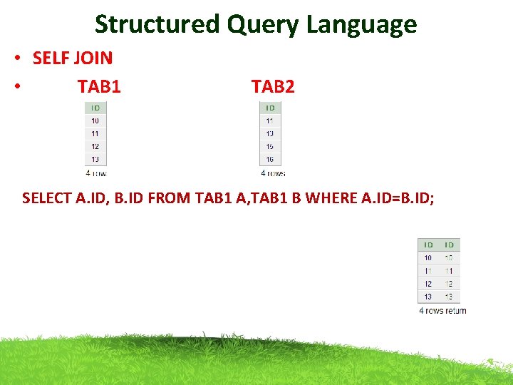 Structured Query Language • SELF JOIN • TAB 1 TAB 2 SELECT A. ID,