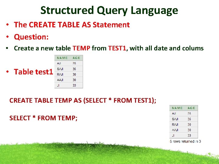 Structured Query Language • The CREATE TABLE AS Statement • Question: • Create a