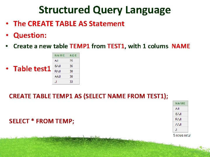Structured Query Language • The CREATE TABLE AS Statement • Question: • Create a
