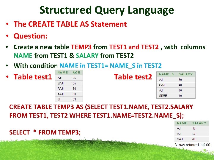 Structured Query Language • The CREATE TABLE AS Statement • Question: • Create a