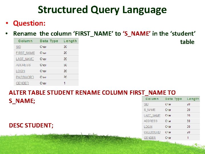 Structured Query Language • Question: • Rename the column ‘FIRST_NAME’ to ‘S_NAME’ in the