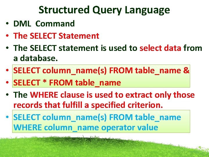 Structured Query Language • DML Command • The SELECT Statement • The SELECT statement