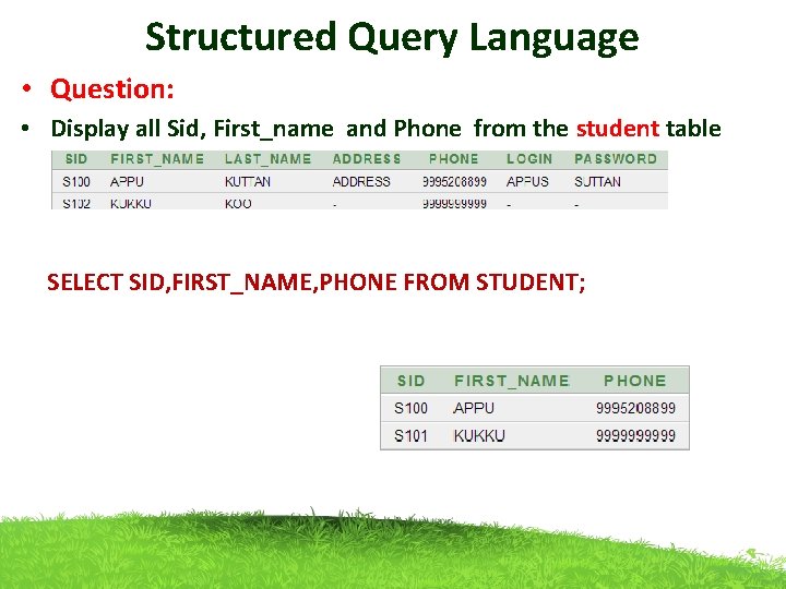 Structured Query Language • Question: • Display all Sid, First_name and Phone from the